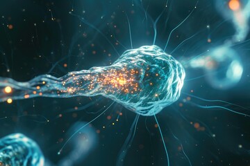 Poster - Dynamic motion of neurotransmitter release at synapses, neurotransmitter realistic photo from macro world
