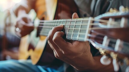 musician playing guitar: a musician strums a guitar, skillfully plucking the strings and creating ha