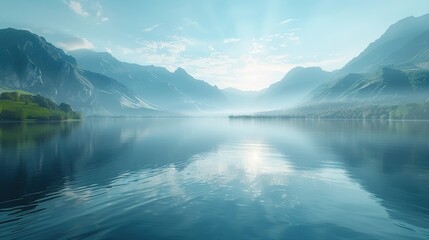 Wall Mural - Sunlight reflecting off a calm lake surrounded by mountains