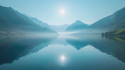 Wall Mural - Sunlight reflecting off a calm lake surrounded by mountains