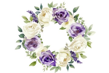 Poster - a wreath with watercolor lavender and white roses