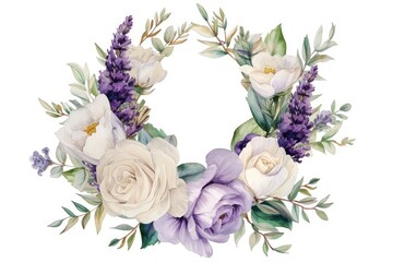 Aufkleber - a wreath with watercolor lavender and white roses