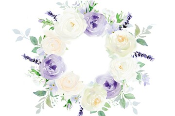 Poster - a wreath with watercolor lavender and white roses