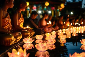 Wall Mural - group of monk praying together in front of candles on Vesak Day Celebration
