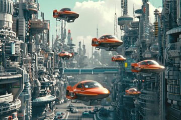 Design a bustling metropolis with flying cars