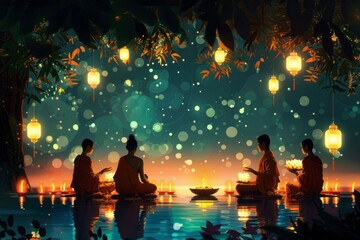 Wall Mural - Young monks meditating together surrounded by lantern on Vesak Day Celebration