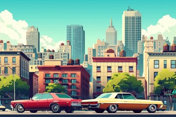 Leinwandbilder - Retro-style cityscape with cars