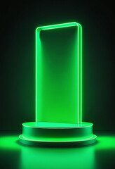 Poster - Glowing neon green podium with a sleek minimalist design, perfect for product display and presentations