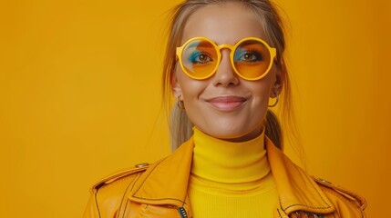 Wall Mural -  A woman wears a yellow leather jacket and round yellow sunglasses Her hair is in a single long ponytail