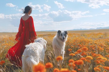 Wall Mural - Chinese woman and her pet dog walk and enjoy time together in meadow