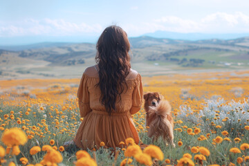 Wall Mural - Hispanic woman and her pet dog walk and enjoy time together in meadow