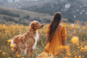 Wall Mural - Indian woman and her pet dog walk and enjoy time together in meadow