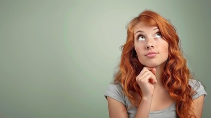 Wall Mural -  A woman with red hair raises her chin, contemplating upward