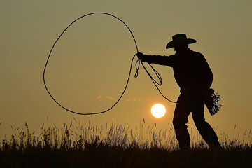 Silhouette of cowboy swinging lasso overhead in classic ranching scene