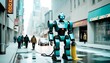 © Anastasiia - An autonomous blue service robot sweeps the city streets, surrounded by pedestrians and fog.. AI Generation