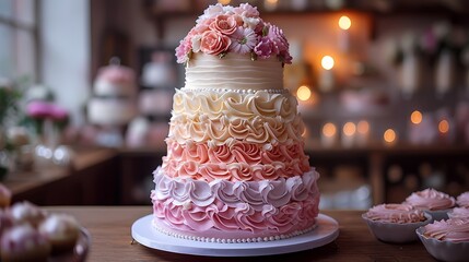 A tall tiered birthday cake with pastel-colored frosting layers, topped with fondant flowers and edible pearls