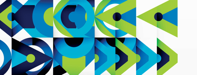 Poster - The design features a striking combination of blue and green geometric elements, with arrows positioned to point in opposing directions