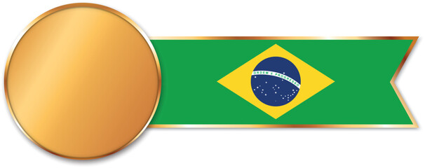 Wall Mural - gold medal with ribbon banner with flag of Brazil