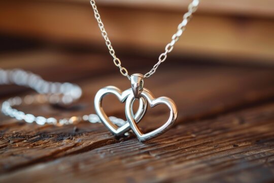 A heart-shaped necklace with intertwined hearts, representing unity and love