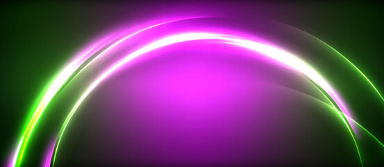 Aufkleber - Neon glowing circle rays, light round lines in the dark, planet style neon wave lines. Energetic electric concept design for wallpaper, banner, background