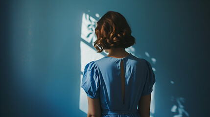 Back view of standing young woman in blue dress on blue background, generative Ai