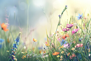 Wall Mural - Template Serene Field of Wildflowers in Bloom Natures Colorful Symphony