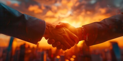 Poster - Successful Business Handshake Symbolizing Corporate and Achievements Against Dramatic Sunset Skyline