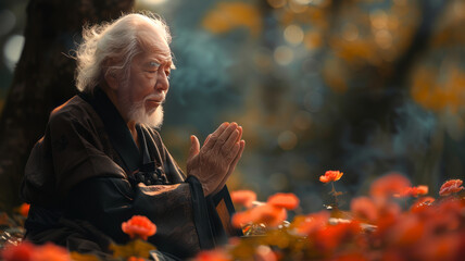 Wall Mural - old white man praying with his hands close to the face in nature on the background,generative ai