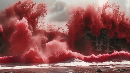 Wall Mural - the crimson waves crash against the shore leaving a trail of destruction in its wake.