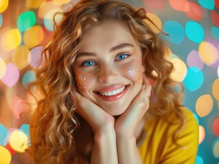 Wall Mural - A blonde girl illuminated by lights, smiling at the camera