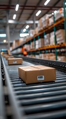 Poster - Conveyor Belt in a Distribution Warehouse Transporting Cardboard Boxes for Efficient E commerce Fulfillment