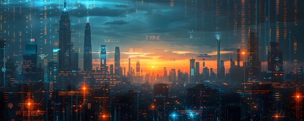 Poster - Highly Detailed Futuristic Metropolis Skyline with Financial Graphs Symbolizing Economic Ecosystems and Investment Strategy Concepts