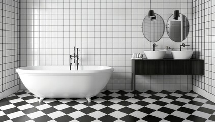 Wall Mural - 3D rendering of a modern bathroom with black and white tiles. There is one bathtub and two basins on the wall with a cabinet near it