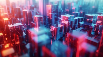 Aufkleber - Abstract background with a futuristic cityscape made of cubes, using a blue and red color palette, in a 3D rendered illustration. Background suitable for a business presentation. Generative AI.