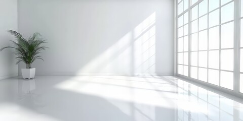 Sticker - White empty room with window and light from the windows, Modern empty room with white floor and white concrete wall with shadow window, 