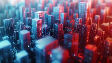 Aufkleber - Abstract background with a futuristic cityscape made of cubes, using a blue and red color palette, in a 3D rendered illustration. Background suitable for a business presentation. Generative AI.