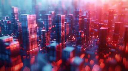 Aufkleber - Abstract background with a futuristic cityscape made of cubes, using a blue and red color palette, in a 3D rendered illustration. Background suitable for a business presentation. Generative AI.