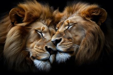 Close-Up Portrait of Two Lions in Embrace - Wildlife, Love, and Bonding - Ideal for Posters and Nature Art