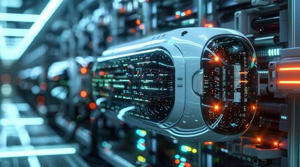 Poster - A highly advanced server pictured as a portable wearable token, digital technology, information, resources. Generative AI.