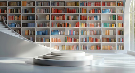 Wall Mural - 3d product stage, podium, minimal, clean, single podium, presentation, premium, shelves with lots of books on the background. Generative AI.