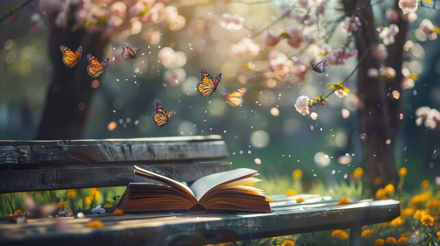 Open book on a wooden bench, under a cherry blossom tree, with butterflies dancing in the air