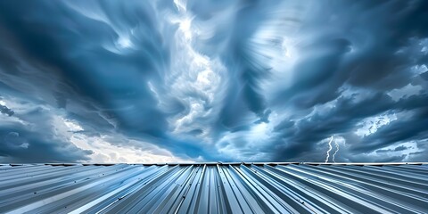 Wall Mural - Closeup photo of metal rod lightning protection on commercial building roof. Concept Metal Rod, Lightning Protection, Commercial Building, Roof, Closeup Photo