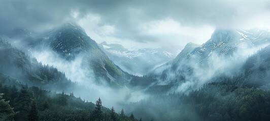 Aufkleber - Morning fog over the mountains. Generative AI.