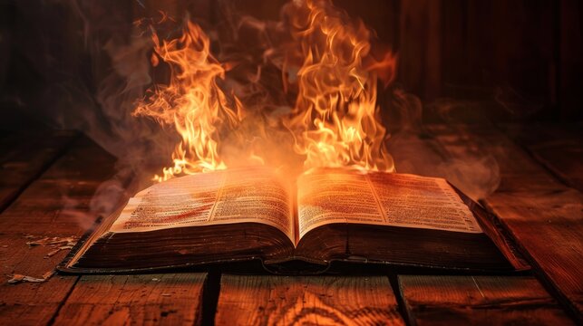 Christian book lying open on a wooden table, with hellfire casting shadows, intense and foreboding