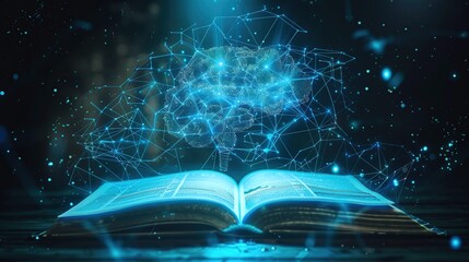 Wall Mural - Open book with virtual brain and neuroscience. The brain is surrounded by blue light, giving it a futuristic appearance. The concept of high curiosity and desire to learn.