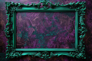 Regal and rich wide setting with a large emerald green frame on purple wallpaper.