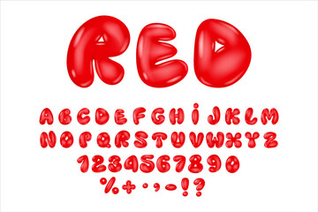 Glossy 3D red bubble font in Y2K style. Trendy font with glossy plastic effect. Alphabet, Numbers, Punctuation Marks, Currency Marks, Stickers. Fonts voluminous inflated from balloon.