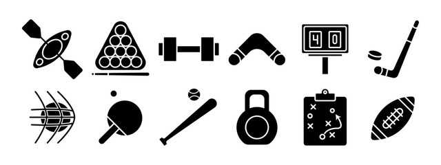 Sports equipment set icon. Kayak, billiards, dumbbell, boomerang, scoreboard, hockey stick, basketball, table tennis, baseball bat, kettlebell, strategy board, football. Fitness and sports concept.