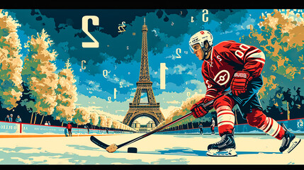 Canvas Print - simple line art minimalist collage illustration with a professional hockey player with a stick and puck practicing on the grass and Eiffel Tower in the background