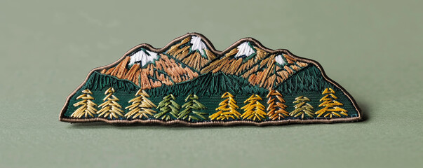adventure patch mockup, naturethemed, earthy colors, embroidered mountains, rustic look